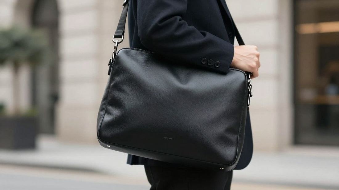 Man holding a black designer crossbody bag