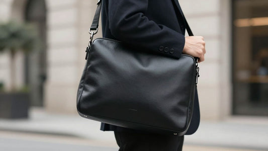 Man holding a black designer crossbody bag