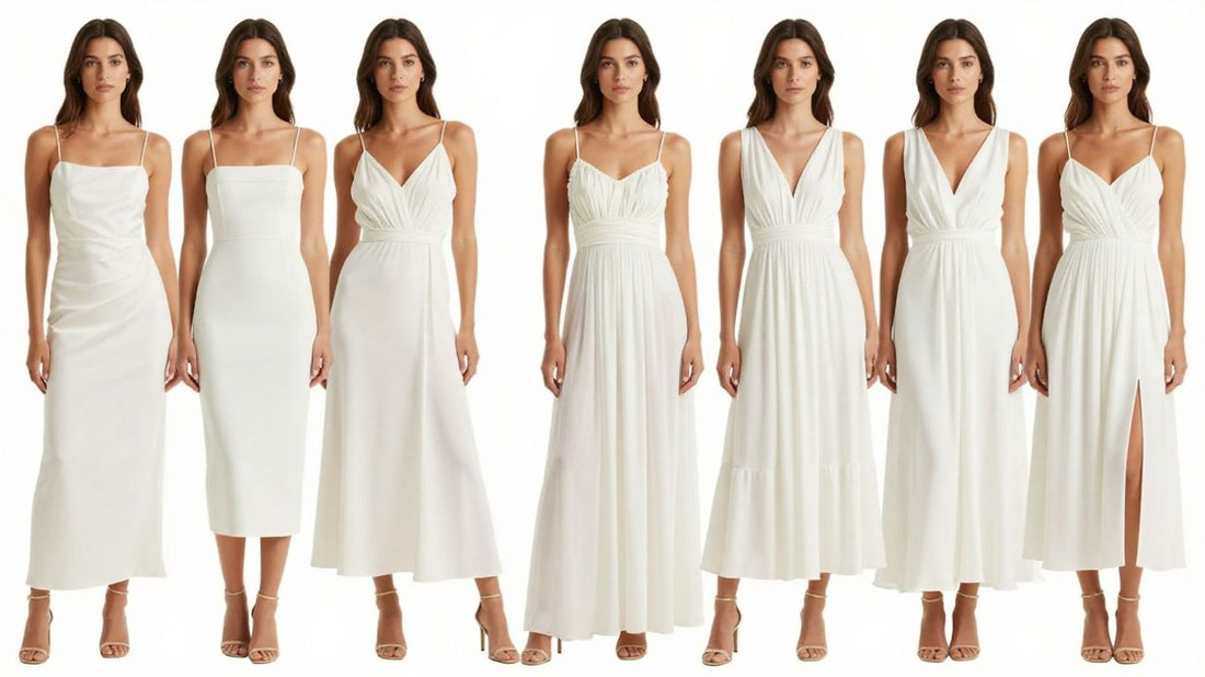 Chic white ASOS dresses on diverse models.