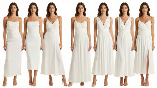 Chic white ASOS dresses on diverse models.