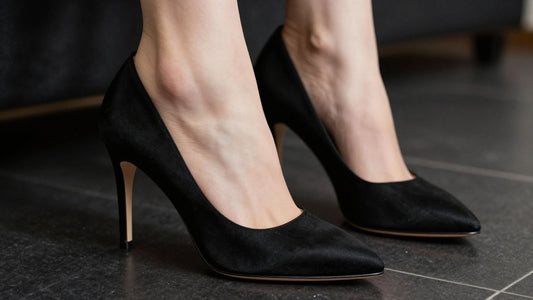 Elegant black 3-inch stiletto heels on a dark surface.