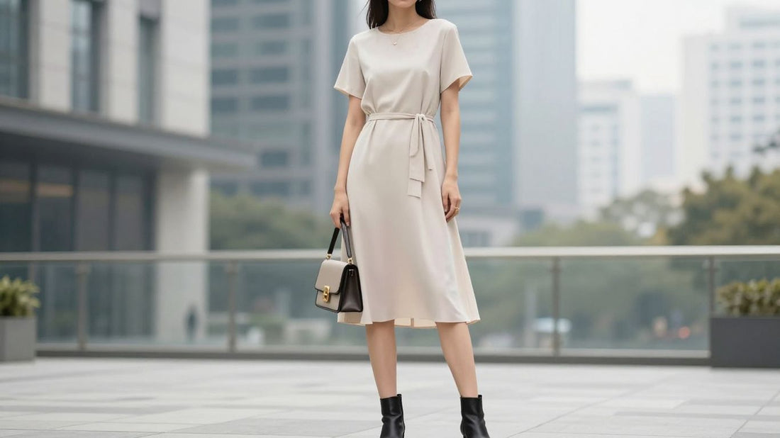 Woman in 3/4 sleeve dress with chic accessories