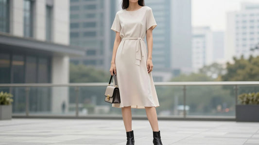 Woman in 3/4 sleeve dress with chic accessories