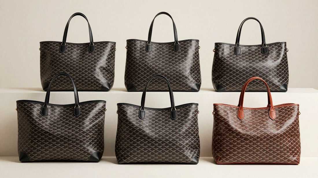 Various Goyard tote bags in different colors and sizes.