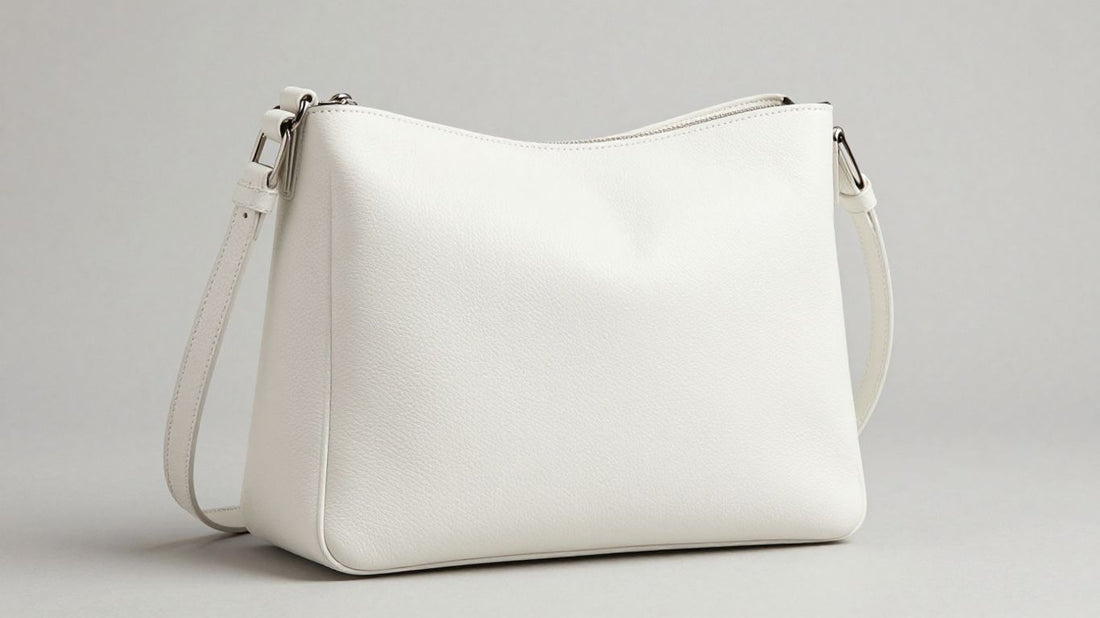 White leather crossbody bag on a neutral background.