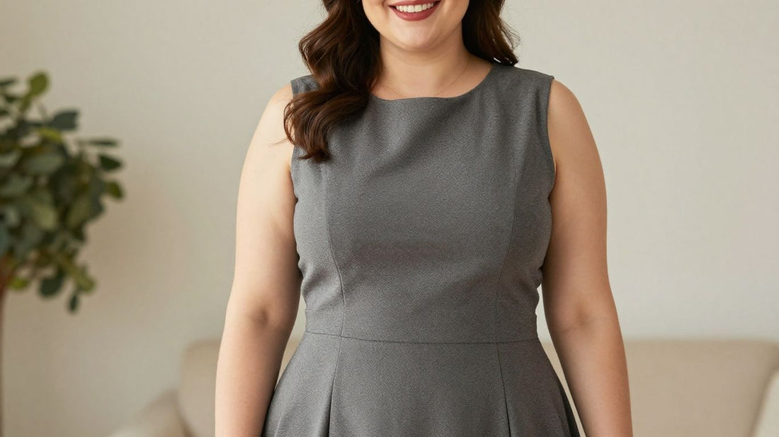 Plus size woman in a flattering A-line dress.