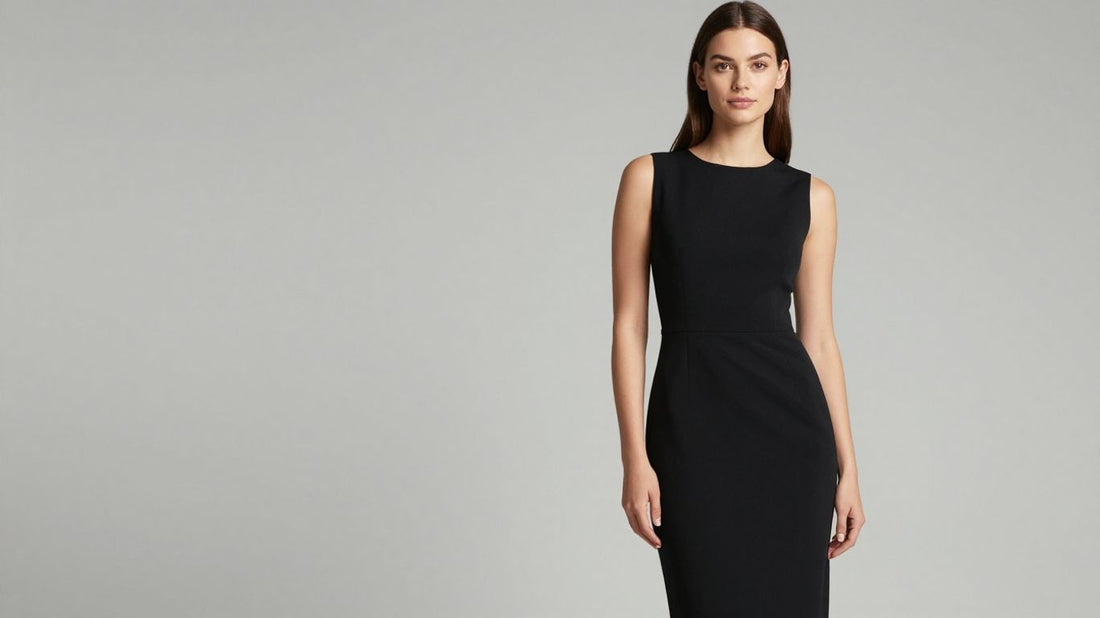 Elegant A-line black dress on a model.