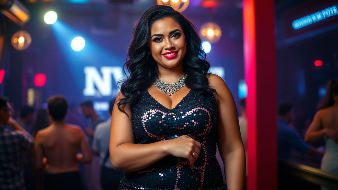 Plus size woman in a sequined club outfit.