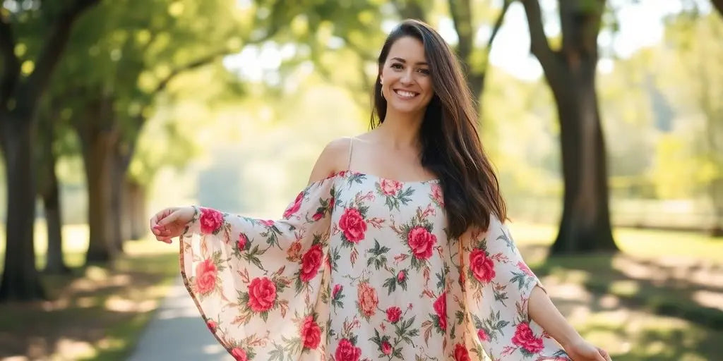 Woman in a floral casual maxi dress outdoors.