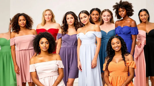 Women wearing stylish off-the-shoulder dresses.