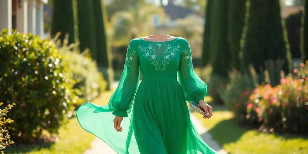 Woman in elegant long-sleeved emerald green midi dress at garden event.