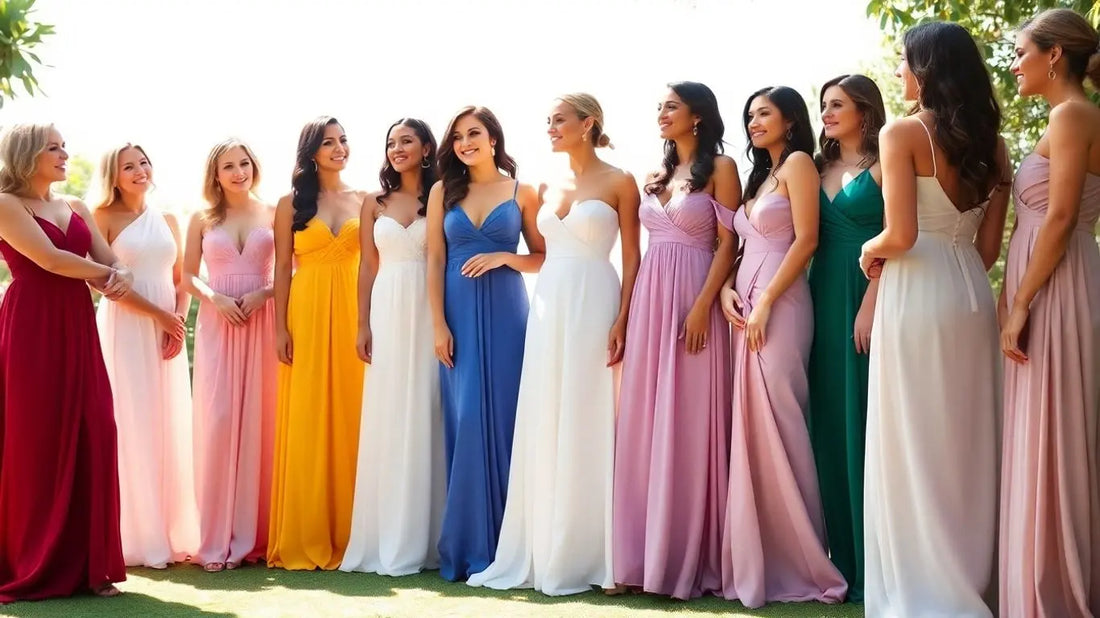 Women in elegant maxi dresses for weddings.