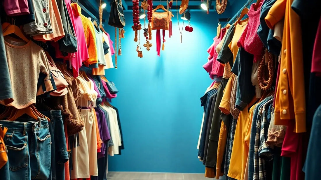 Fashionable clothing and accessories displayed attractively.