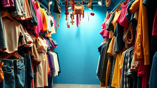 Fashionable clothing and accessories displayed attractively.