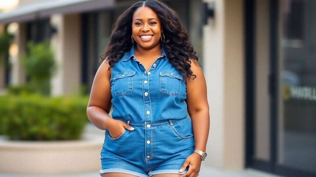 Plus size denim romper on a smiling model.