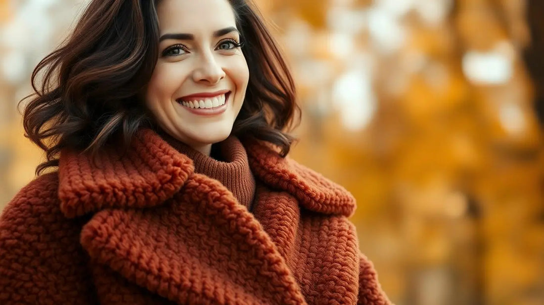 Woman in a cozy, stylish autumn jacket.